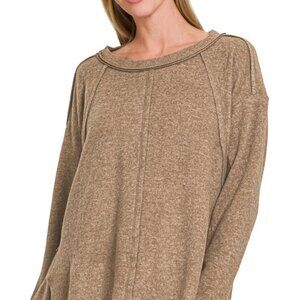 Zenana Brushed Hacci Exposed Seam Hi Low Sweater